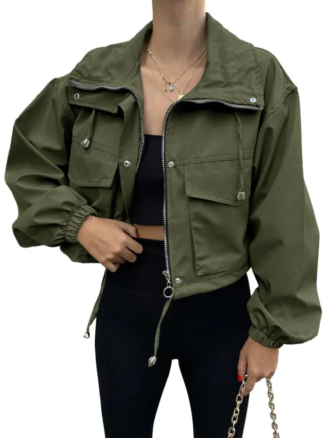 Solid Color Women's Short Jacket Zipper Trench Coat Army Green - Shop at LoveMi