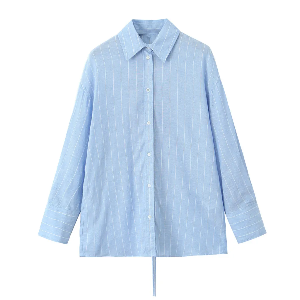 Striped Lapel Long Sleeve Short Casual Pants Suit Women - Blue