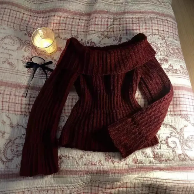 Women's Fashionable Off neck Slim fit Vintage Sweater Red - Shop at LoveMi