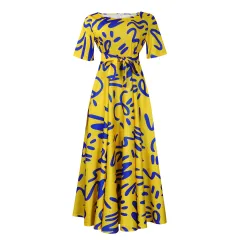 Summer New Fashion Women's Clothing Lace Printing Plus Size Dress - Yellow Background And Blue - View 1