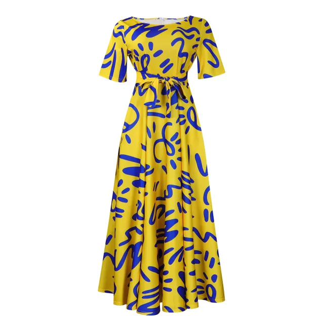 Summer New Fashion Women's Clothing Lace Printing Plus Size Dress Yellow Background And Blue - Shop at LoveMi