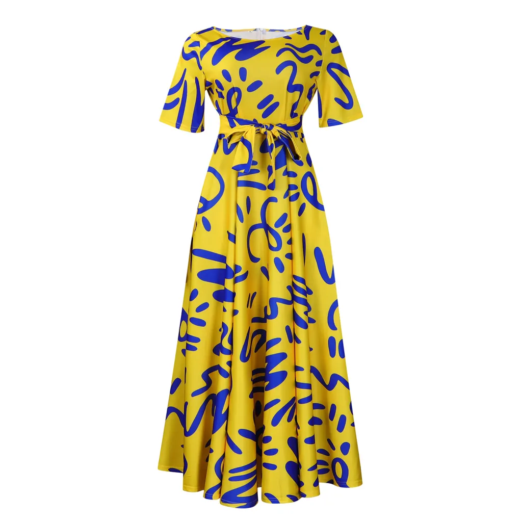 Summer New Fashion Women's Clothing Lace Printing Plus Size Dress - Yellow Background And Blue