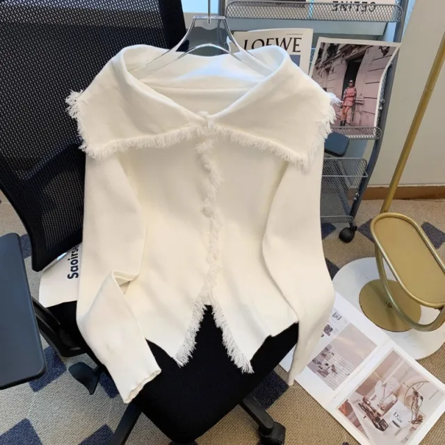 Early Autumn French Style Retro Lapels Temperament Knitted Top White - Shop at LoveMi