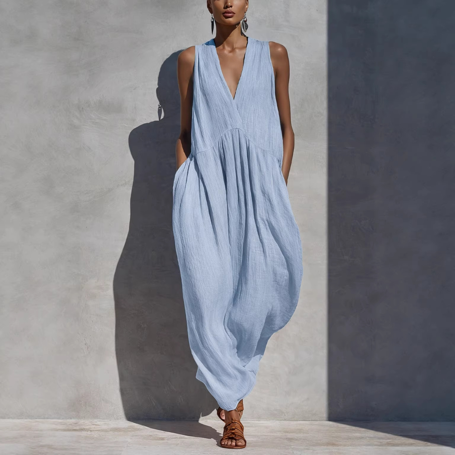 Summer Solid-Color V-Neck Resort-Style Womens Dress