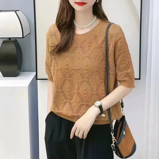 Summer Knitwear Women's Thin Short Sleeve Round Neck Sweater Camel - Shop at LoveMi