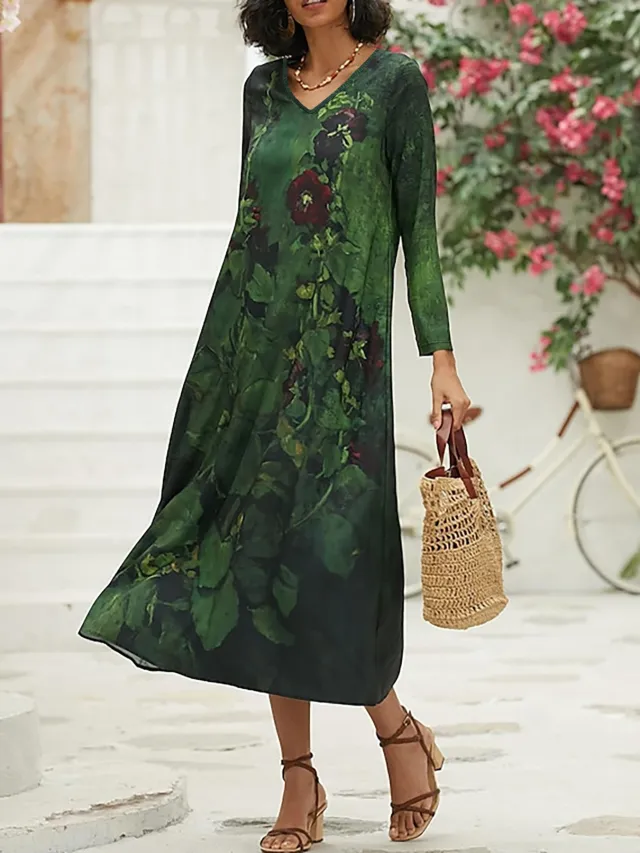 V neck Long sleeve Floral print Women's Elegant Dress Green - Shop at LoveMi