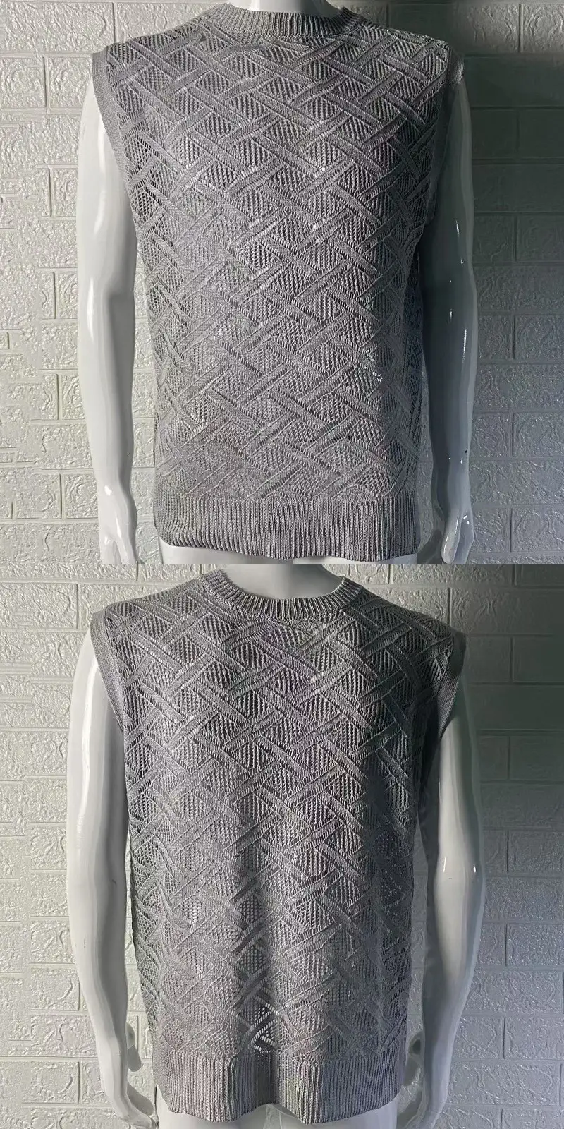SpringSummer Knitted Mens Crew-Neck Sleeveless Hollow-Out Top