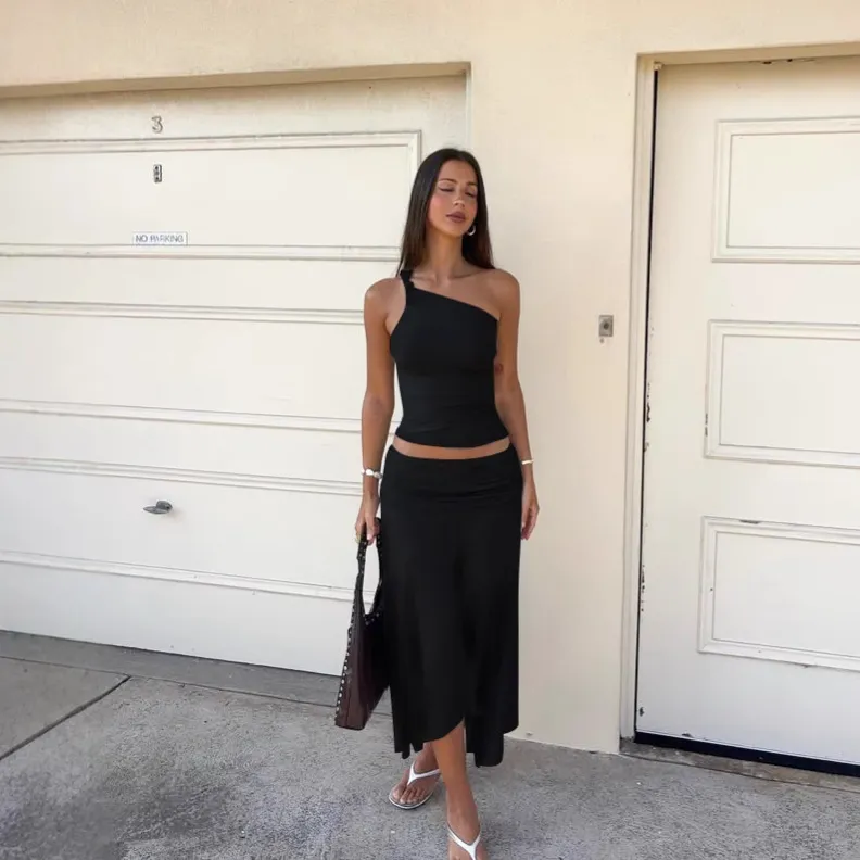 Ins Style Women's Solid Color Sleeveless Vest High Waist Skirt Two-piece Set - Black