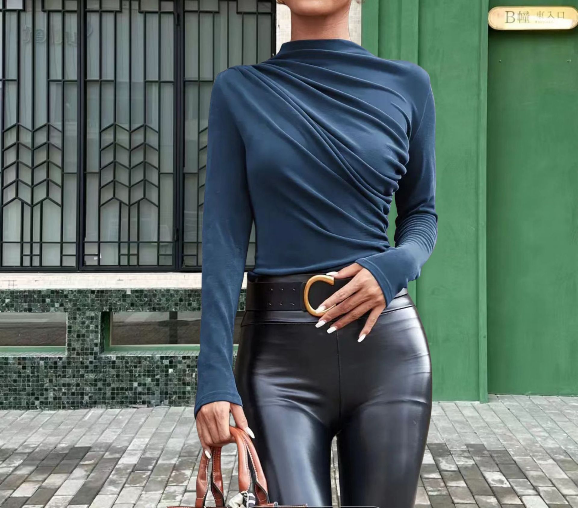 Solid Color Slim Fit Long Sleeves Top Navy Blue - Shop at LoveMi