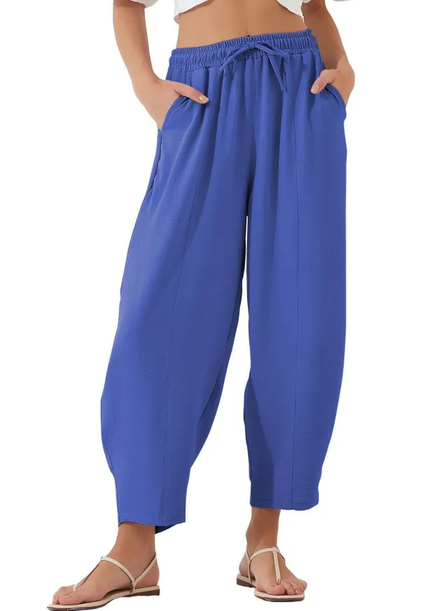 Pleated Mid waist Straight Loose Casual Cotton And Linen Cropped Pants Blue - Shop at LoveMi