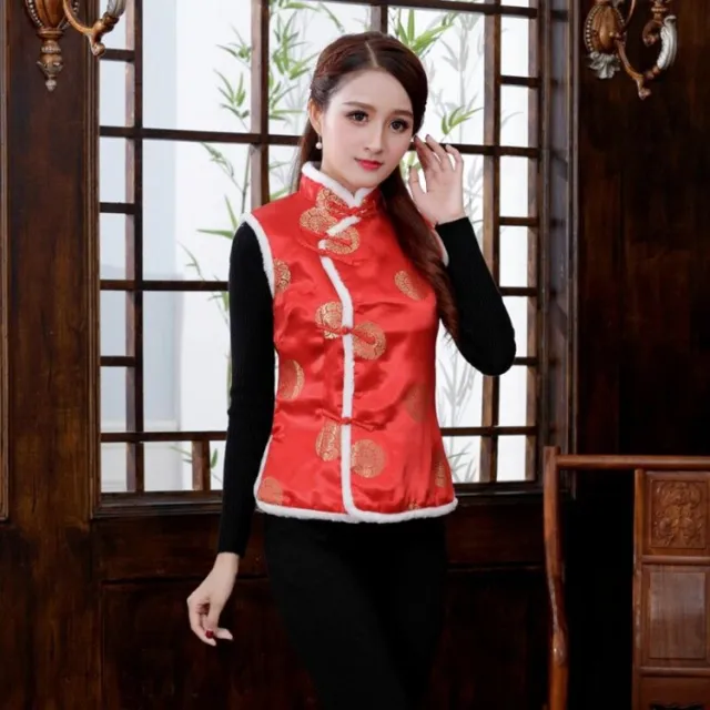 Tang Suit Vest Women's Winter Cotton Vest Stage Costume New Year Cotton Waistcoat Tan - Shop at LoveMi