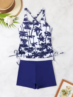 Split Boxers Tankini Coconut Tree Printed Swimsuit - Tan - View 1