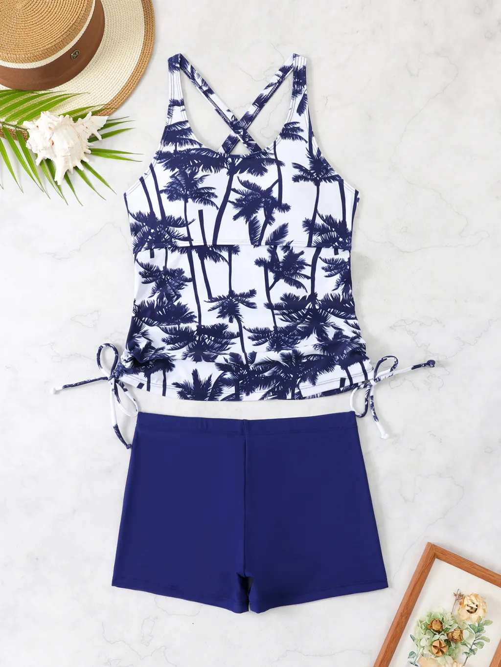 Split Boxers Tankini Coconut Tree Printed Swimsuit - Tan