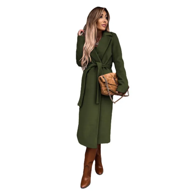 Autumn And Winter Women's Clothing Solid Color Polo Collar Long sleeved Woolen Coat Army Green - Shop at LoveMi