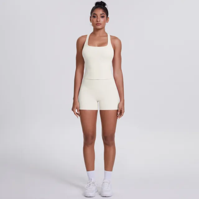 Brushed Outdoor Leisure Running Yoga Clothes Beauty Back Hip Raise Skinny Shorts Suit Ivory - Shop at LoveMi