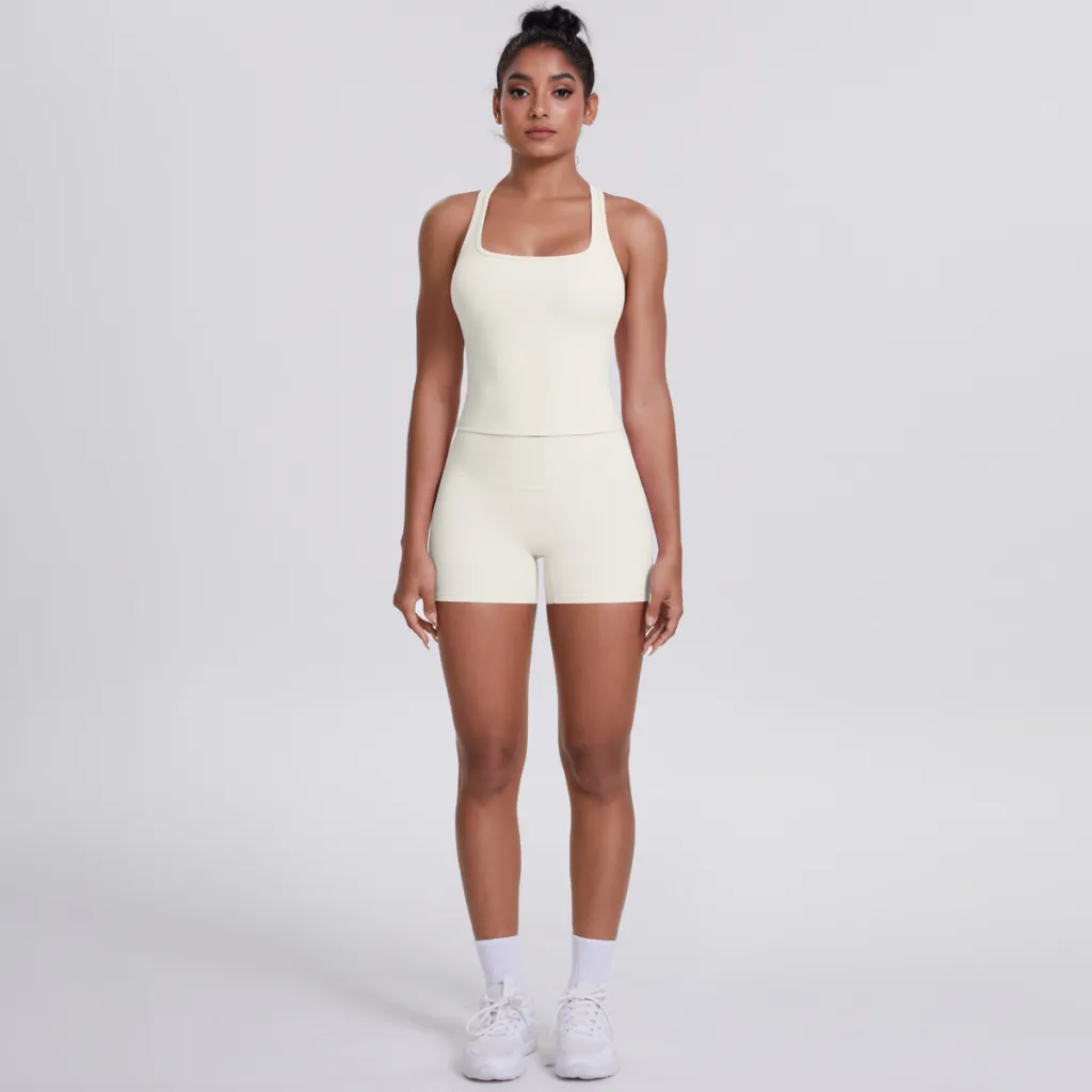 Brushed Outdoor Leisure Running Yoga Clothes Beauty Back Hip Raise Skinny Shorts Suit - Ivory
