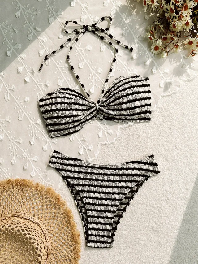 Bikini Split Striped Printed Swimsuit For Women Black - Shop at LoveMi