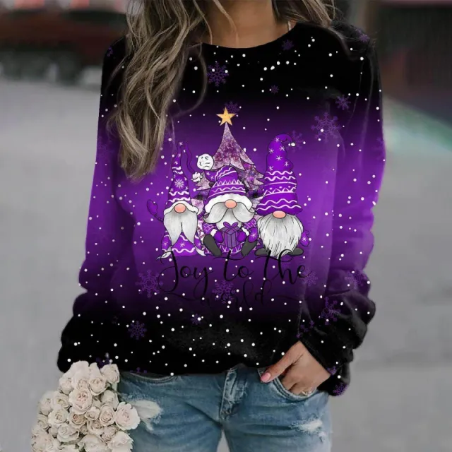 European And American Christmas Theme Printing Loose Knitted Long Sleeves T Purple - Shop at LoveMi