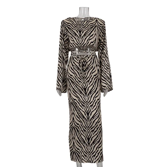 Zebra Striped Long Sleeves Cropped Top Suit Skirt Two piece Set Khaki - Shop at LoveMi