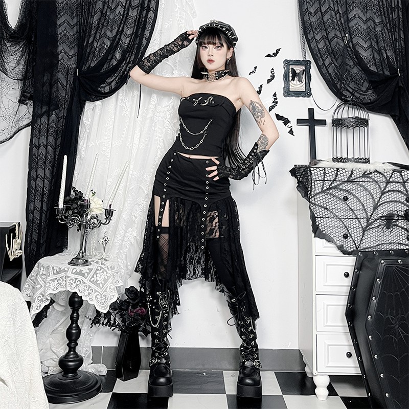 Gothic Dark Waste Soil Irregular Lace Skirt