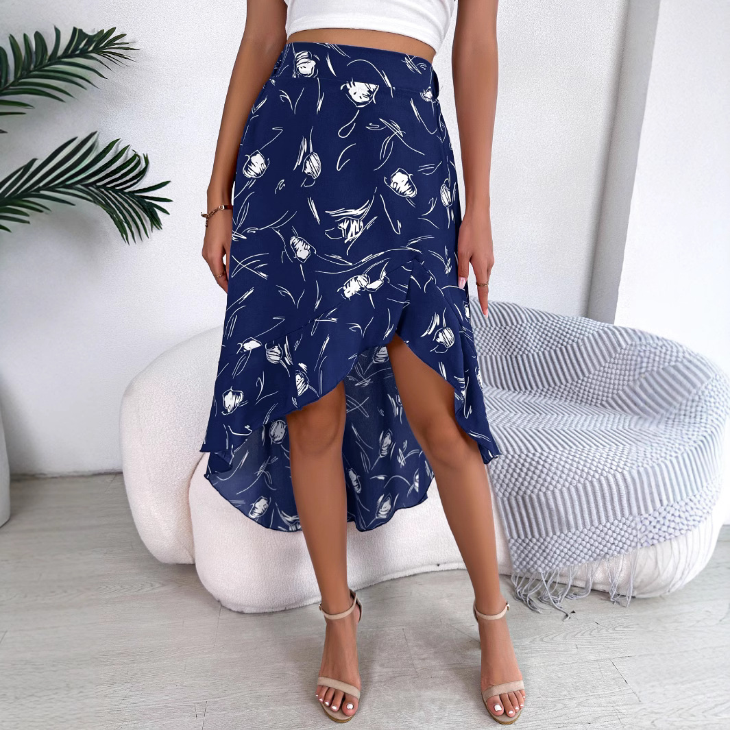 Womens Casual Mid-Length Skirt With Floral Print And Ruffled Hem