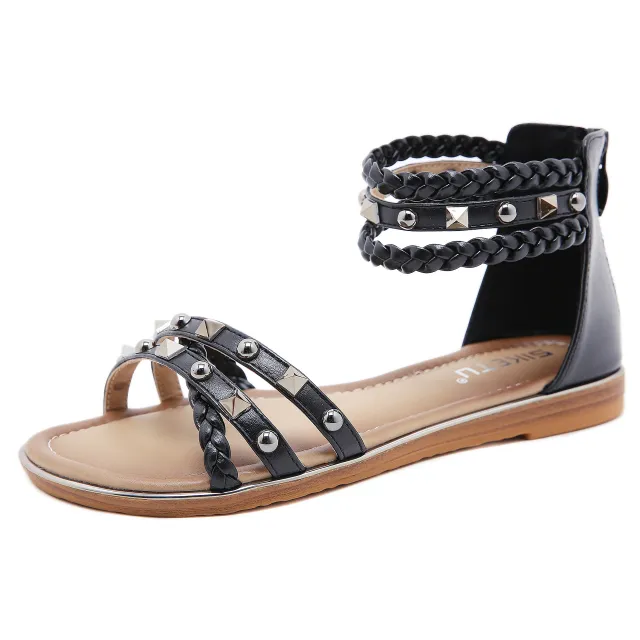 Women's Rivet Braid Large Size Flat Bottom Retro Roman Style Shoes Black - Shop at LoveMi
