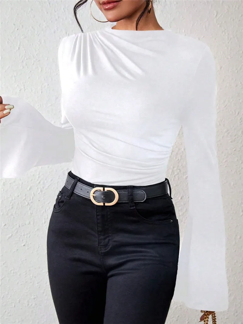Women's Bell Sleeve Stand-up Collar Slim Fit T-shirt - White