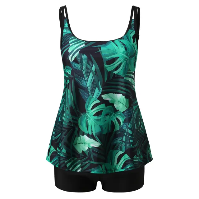 Printed High Waist Skirt Boxer Conservative Split Swimsuit Green - Shop at LoveMi