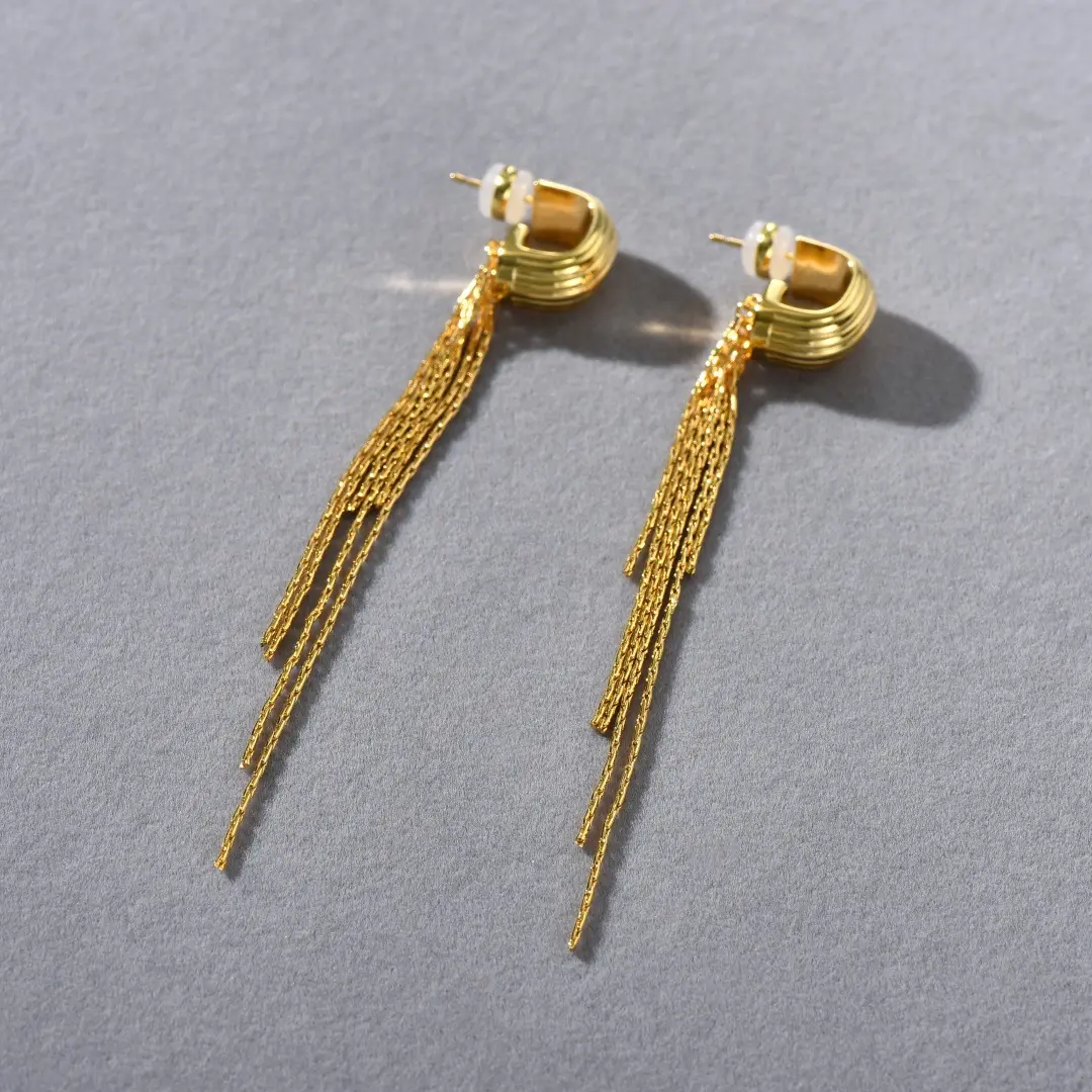 Golden Striped Long Tassel S925 Sterling Silver