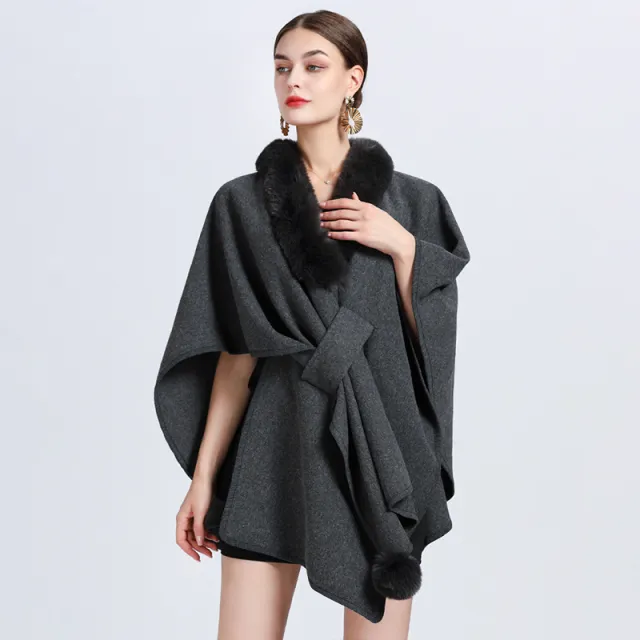 Imitation Rex Rabbit Fur Collar Cape And Shawl Female Loose Knitted Cardigan Dark Gray - Shop at LoveMi
