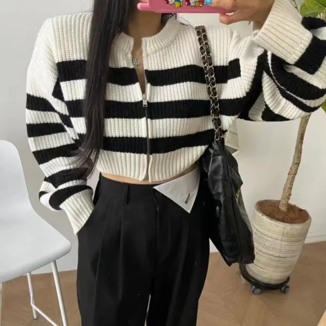Women's Loose Round Neck Striped Sweater White - Shop at LoveMi