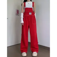 Suspender Pants High Waist Loose Straight Slimming Women - Red - View 1