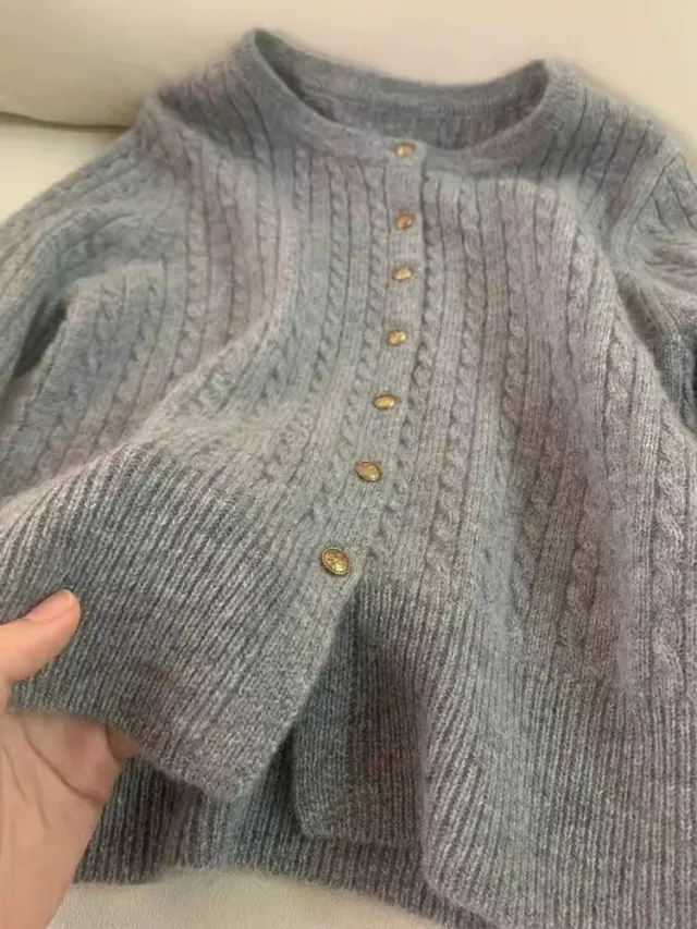 Gray Twist Small Golden Button Knitted Cardigan Wool Gray - Shop at LoveMi