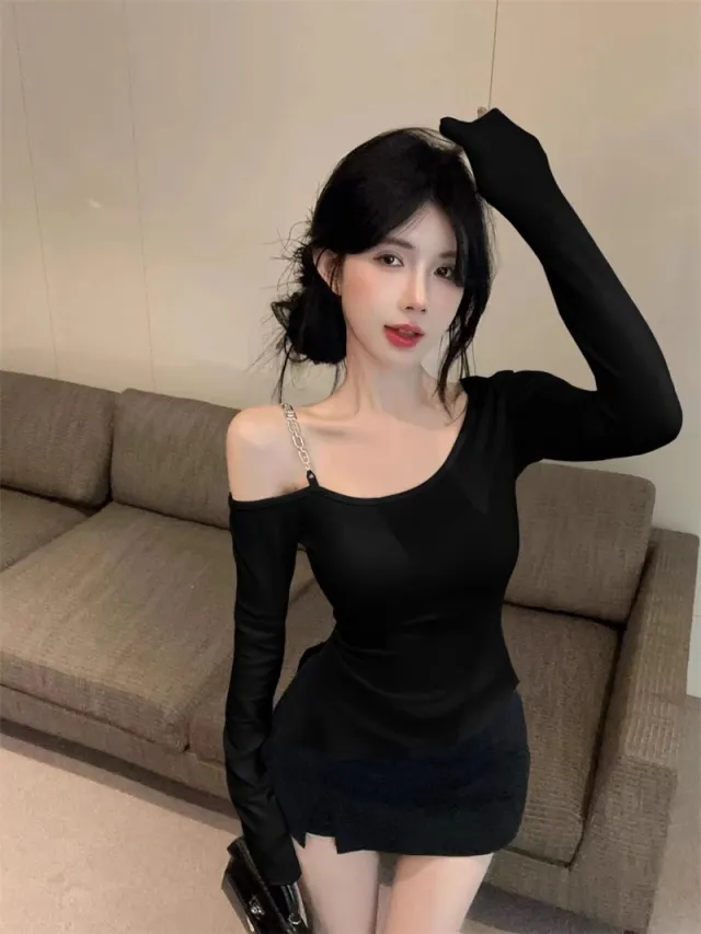 Irregular Diagonal Collar Cold shoulder Bodycon T shirt Female Fashion Bottoming Shirt 536 Black - Shop at LoveMi