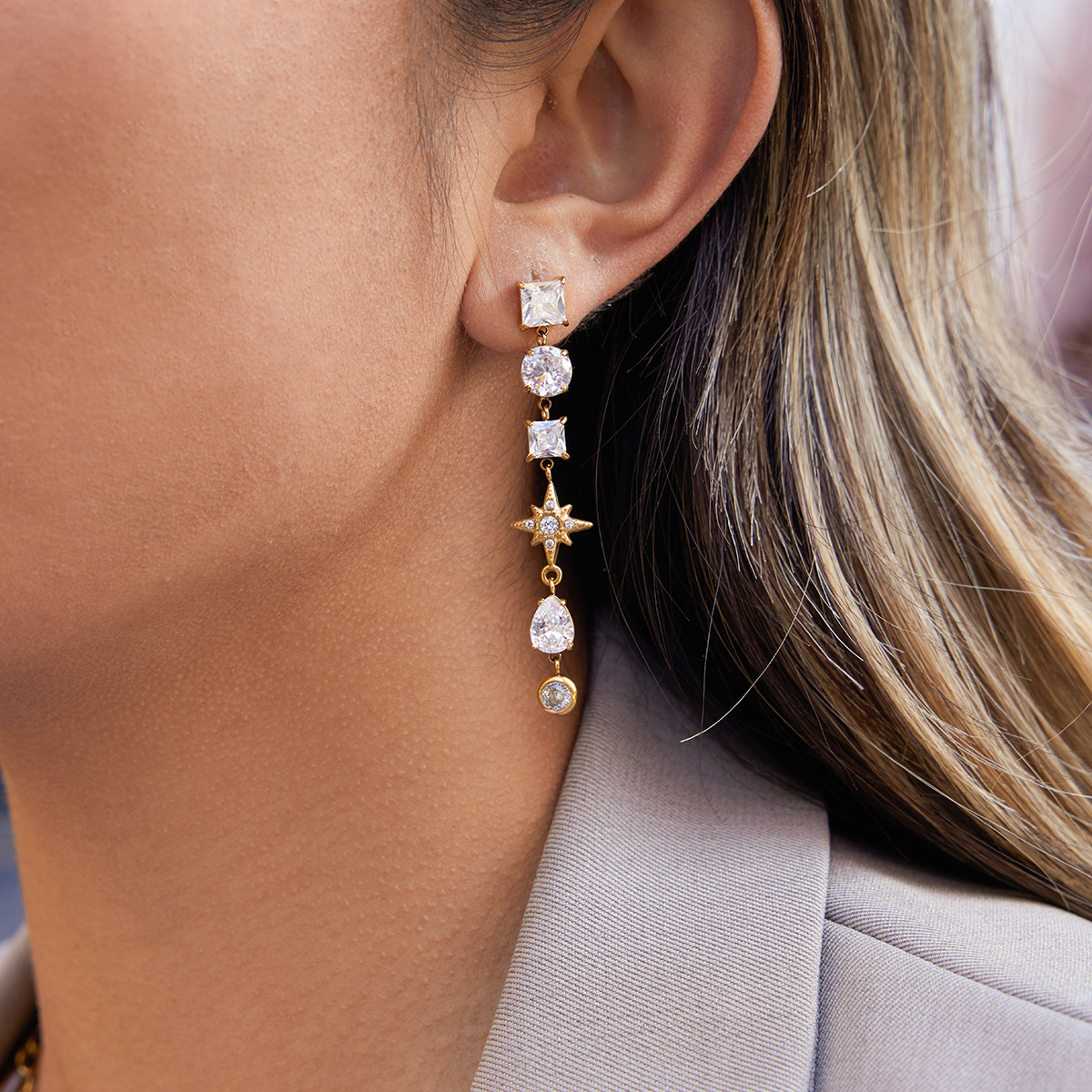 Stainless Steel 18K Zircon Eight-Pointed Star Tassel Earrings