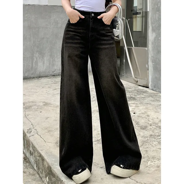 Retro Wide Leg Jeans Women's Fashion Brand Black And Gray - Shop at LoveMi