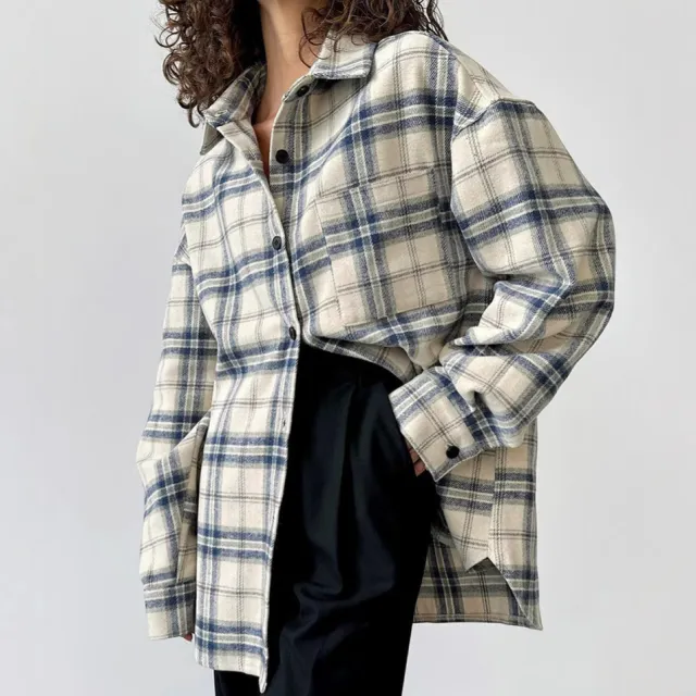 Lapel Loose Plaid Long Sleeve Shirt Plaid L - Shop at LoveMi