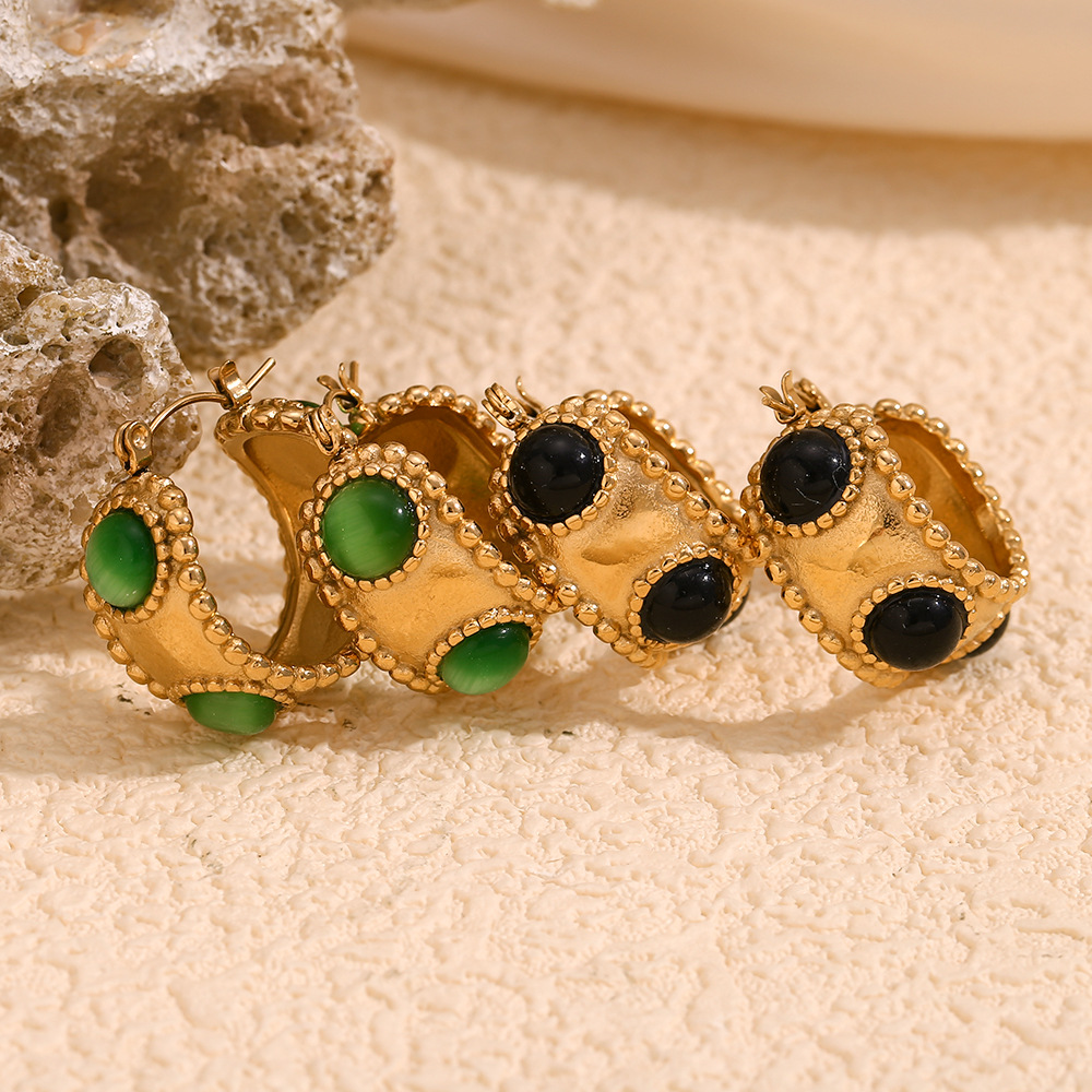 European And American Fashion Retro Popular Personalized Earrings Stainless Steel Plated 18k Golden Balls Edge Round Natural Stone