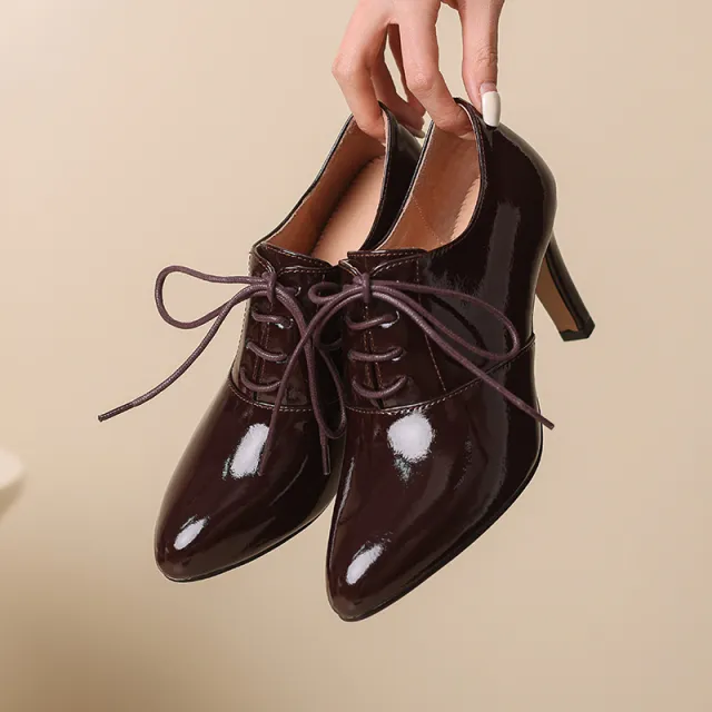 High Heel Lace up Authentic Leather British Style Pointed Leather Shoes Mid Heel Loafers Wine - Shop at LoveMi