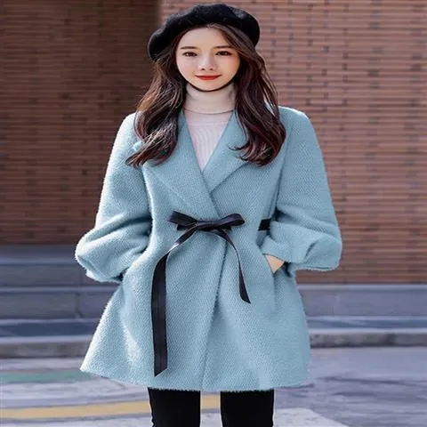 Women's Autumn And Winter New Korean Style Loose Thick Temperament Small Size Woolen Coat Blue - Shop at LoveMi