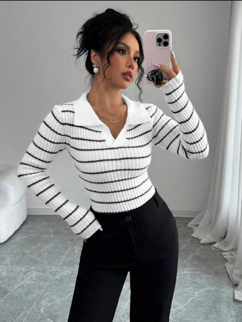Striped Long Sleeve T-shirt Slim Fit Base Knitting Women - Image 6