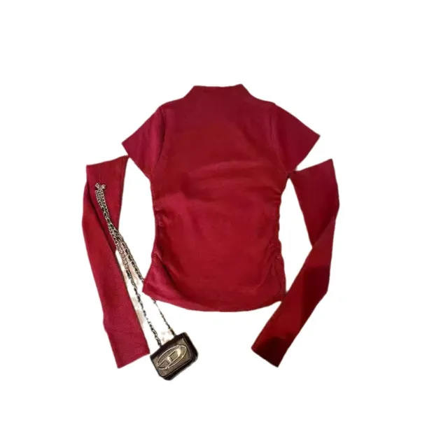 Retro Pile Style Half Turtleneck Short Sleeve T shirt Wine Red Cuff - Shop at LoveMi