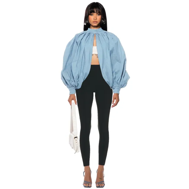 Fashion Denim Button Bat Sleeve Backless Cardigan Top Blue - Shop at LoveMi