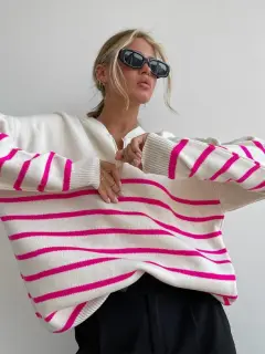 Zipped Round Neck Striped Sweater Women Loose Plus Size Knitwear - Rose - View 1