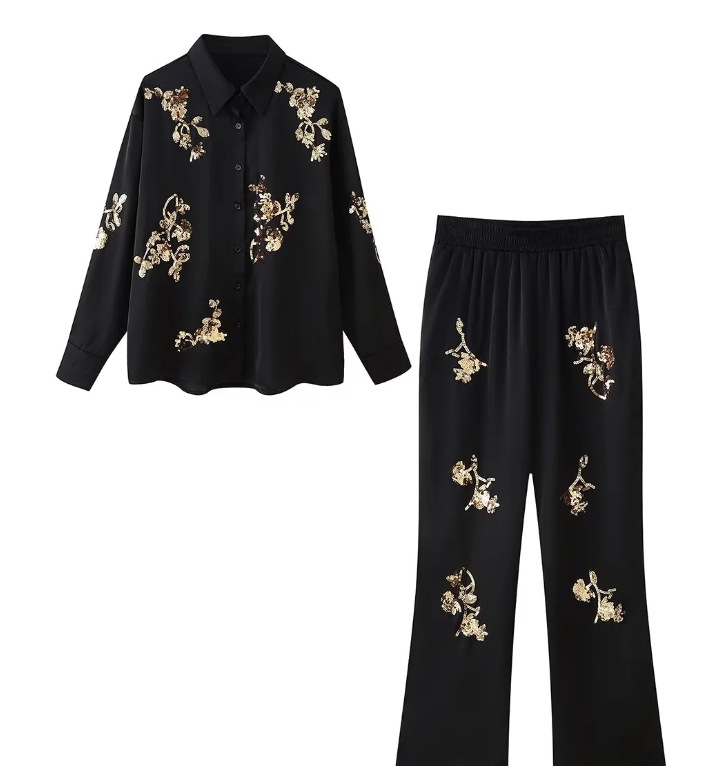 Women's Embroidered Beads Long Sleeve Trousers Suit Black Suit - Shop at LoveMi