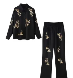 Women's Embroidered Beads Long Sleeve Trousers Suit - Black Suit - View 1
