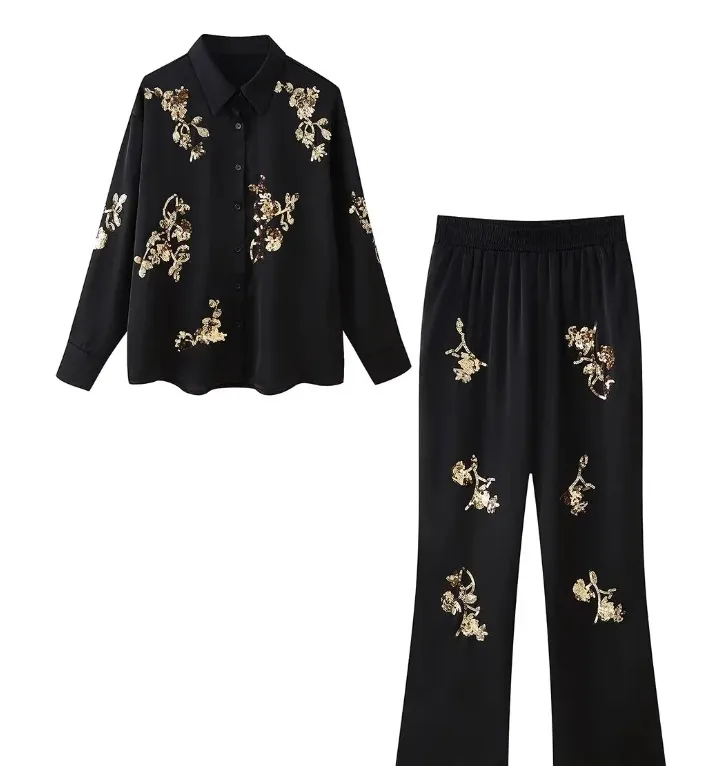 Women's Embroidered Beads Long Sleeve Trousers Suit - Black Suit
