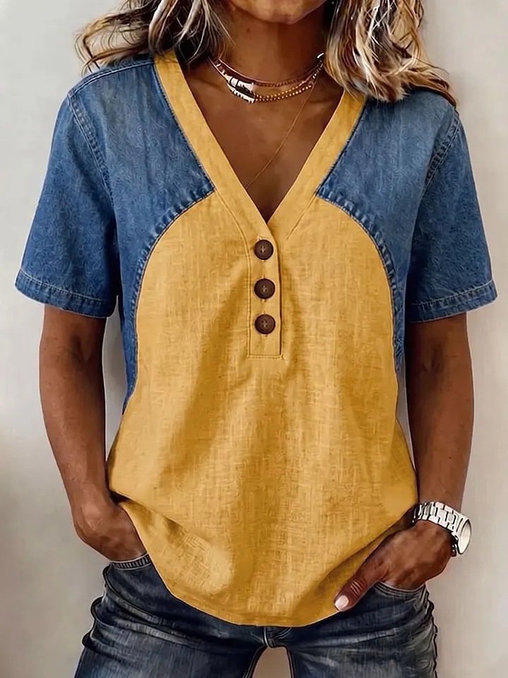 Women's Loose Patchwork T-Shirt – White colorway styled with denim shorts