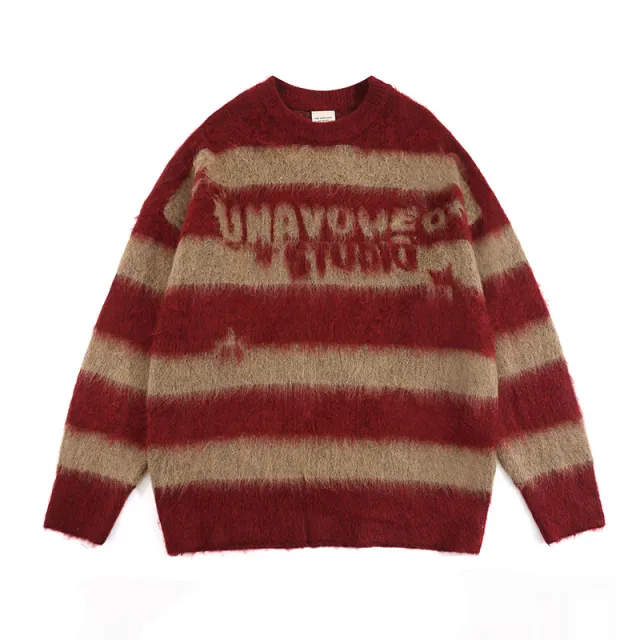 American style Vintage Striped Mink Sweater Red - Shop at LoveMi