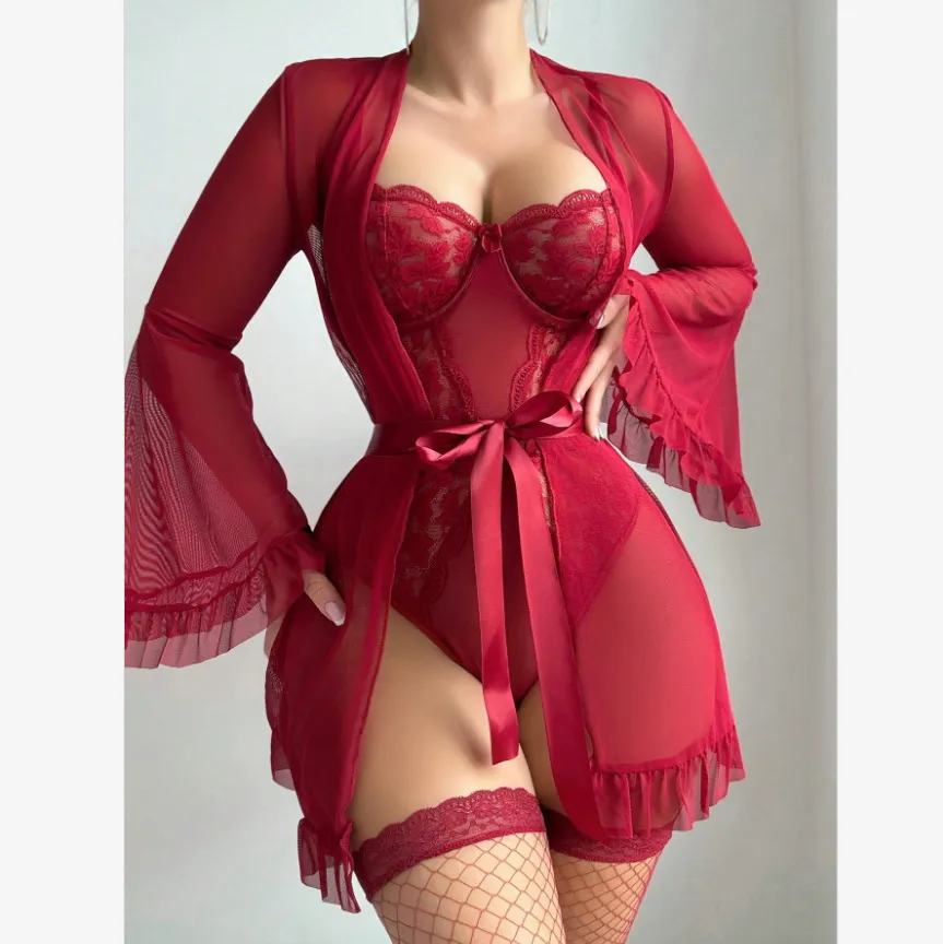 Women's Fashion Solid Color Lace Slip Dress Set - Wine